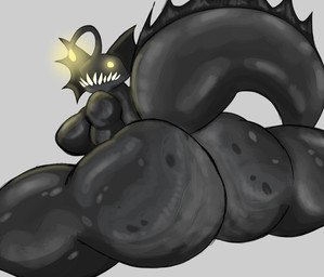anthro big_breasts big_butt black_body black_scales breasts butt ear_fins female fin glowing glowing_eyes grey_background huge_butt huge_hips huge_thighs looking_at_viewer looking_back looking_back_at_viewer lure_(anatomy) non-mammal_breasts rear_view scales sharp_teeth simple_background solo teeth thick_thighs wide_hips yellow_eyes untaxedcroc anglerfish_(domadordedinoss) anglerfish aquatic fish absurd_res hi_res