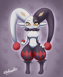 anthro black_body breasts female looking_at_viewer multicolored_body navel solo thick_thighs white_body yellow_eyes hebupelka palworld pocketpair dupin_(pal) pal_(species) hi_res