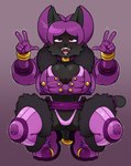 anthro big_breasts black_body blush bodily_fluids breasts cleavage clothed clothing collar crouching digit_ring double_v_sign drooling eye_roll fangs feet female gesture gloves gradient_background hair hand_gesture handwear jewelry legwear open_mouth panties purple_clothing purple_eyes purple_gloves purple_hair purple_handwear purple_legwear purple_thigh_highs ring saliva shaking simple_background smile solo teeth thigh_highs toe_ring toes tongue trembling underwear v_sign noahdoesart domestic_cat felid feline felis mammal 2024 alternate_version_at_source hi_res