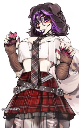 anthro biped blush bottomwear breasts claws clothed clothed_anthro clothed_female clothing eyeshadow eyewear female fingers front_view fully_clothed fully_clothed_anthro fully_clothed_female fur glasses hair looking_at_viewer makeup simple_background smile solo standing tail teeth topwear shermugi shia_(thegreatfloki) australian_cattle_dog canid canine canis cattledog domestic_dog herding_dog mammal pastoral_dog 2026 absurd_res digital_drawing_(artwork) digital_media_(artwork) hi_res