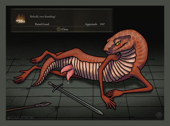 2_penises animal_genitalia animal_penis anthro bedroom_eyes blush bodily_fluids border button_prompt cloaca detailed_background genital_fluids genitals grey_border hemipenes male multi_genitalia multi_penis narrowed_eyes penis precum seductive solo thin_arms thin_legs toony weapon forgiearts elden_ring fromsoftware legged_snake manserpent reptile scalie snake hi_res