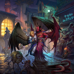alcohol anthro armor beer beverage black_hair blonde_hair blue_body brown_body brown_fur building city collar detailed_background ear_piercing ear_ring face_tentacles feathered_wings feathers female feral fur group hair holding_beer_mug horn lamp laugh leash male manhole_cover membrane_(anatomy) membranous_wings multi_eye night outside pauldron piercing plate_armor red_body ring_piercing star tail tentacle_mouth tentacles wings johan_grenier dungeons_and_dragons hasbro mythology wizards_of_the_coast angel beholder canid canine canis demon demon_humanoid domestic_cat domestic_dog dragon dragonborn_(dnd) felid feline felis humanoid hybrid mammal mind_flayer modron mouse murid murine mythological_creature mythological_scalie rodent scalie waddling_head 1:1 2023 digital_media_(artwork) hi_res official_art