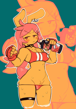 5_fingers anthro blowup_background bodily_fluids bottle bra breasts choker cleavage clothed clothed_anthro clothed_female clothing collarbone container crotch_tuft ear_piercing ear_ring female female_anthro fingerless_gloves fingers fist front_view fur gloves hair handwear heart_choker holding_bottle holding_container holding_object holding_water_bottle jewelry medium_breasts navel necklace orange_body orange_fur outline panties piercing pink_eyes pink_hair pink_tail ring_piercing simple_background small_waist solo sports_bra sweat sweaty_body tail thick_thighs tuft underwear water_bottle white_outline wide_hips derpyfox_36 tebu_(mochabaebae) lagomorph leporid mammal rabbit 2023 absurd_res digital_drawing_(artwork) digital_media_(artwork) hi_res portrait three-quarter_portrait