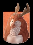 antlers beak brown_body brown_feathers collarbone eyes_closed feathered_wings feathers front_view horn male nude outline smile solo white_body white_feathers wings officergrimes owlalope_(character) avian bird owl alpha_channel bust_portrait portrait