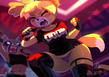 alternative_fashion anthro breasts clothed clothing crop_top duo ear_piercing ear_ring electronics eyes_closed female fingers fur goth inside microphone midriff multicolored_body multicolored_fur panties piercing purple_clothing purple_panties purple_underwear ring_piercing shirt tan_body tan_fur text thick_thighs topwear underwear white_body white_fur skeleion aggretsuko animal_crossing doom_(series) id_software microsoft nintendo sanrio isabelle_(animal_crossing) retsuko ailurid canid canine canis domestic_dog mammal red_panda shih_tzu toy_dog 2022 artist_name digital_media_(artwork)