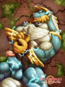 abs anthro anthrofied anus arms_tied balls biceps blue_body blue_eyes blue_scales body_hair bound captured chest_hair claws electricity electrogenesis erection genitals hair horn lying lying_on_ground male muscular muscular_anthro muscular_male non-mammal_balls on_back on_ground pecs penis pubes pupils scales slit_pupils solo struggling white_hair primodrago capcom monster_hunter canid canine fanged_wyvern mammal scalie zinogre 3:4 hi_res