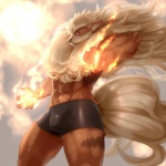 anthro bottomwear bulge clothed clothing fire hair long_hair male muscular muscular_anthro muscular_male pokemorph pose shorts solo tail underwear biri riot41 nintendo pokemon arcanine canid canine generation_1_pokemon mammal pokemon_(species) 1:1 warm_colors