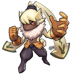 anthro belt chibi clothing fluffy fluffy_chest fur gloves handwear long_ears male orange_eyes ponytail_ears solo yellow_body yellow_fur cwdwcwdw bandai_namco digimon digimon_ghost_game digimon_(species) lagomorph leporid mammal rabbit symbareangoramon hi_res