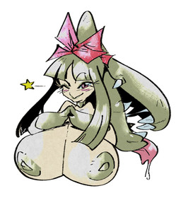 areola big_breasts black_hair blush bodily_fluids breasts brown_eyes clothed clothing drooling eyelashes fangs female hair huge_breasts long_hair looking_at_viewer nipples non-mammal_nipples one_eye_closed open_mouth pink_ribbon saliva simple_background smile solo star teeth topless white_background wink slb don't_attack_me_mawile nintendo pokemon generation_3_pokemon humanoid mawile pokemon_(species) 2026 hi_res