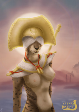 accessory anthro armor belly biped breasts brown_body brown_fur clothing countershade_torso countershading covered_eyes detailed_background egyptian egyptian_clothing facial_markings facial_tuft female fluffy front_view fur head_markings headgear helmet holding_object holding_weapon jewelry light logo looking_at_viewer markings navel necklace nipples nude nude_anthro nude_female presenting presenting_breasts realistic slim slim_anthro slim_female small_waist solo standing sun symbol symbol_on_clothing title tuft usekh water weapon hyacinth1971 carnal_instinct felid feline mammal 2025 absurd_res colored detailed digital_drawing_(artwork) digital_media_(artwork) half-length_portrait hi_res lighting portrait shaded signature