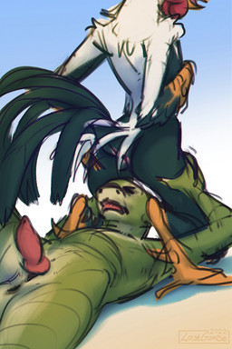 animal_genitalia anthro anthro_on_anthro anus arm_tuft avian_butt duo elbow_tuft erection eyes_closed feathers genital_slit genitals gradient_background green_body green_feathers kneeling lying male male/male nude on_back open_mouth penis red_penis simple_background tuft white_body white_feathers lostgoose kecha_(character) scree_(character) avian bird chicken galliform phasianid scalie 2022 2:3 alternate_version_at_source dated hi_res signature