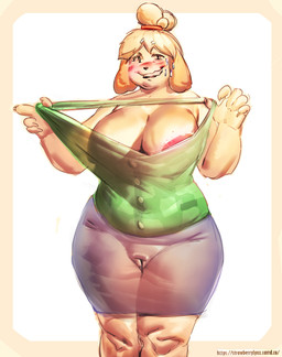 anthro belly big_breasts blonde_hair bodily_fluids bottomwear breasts camel_toe clothing female floppy_ears fur genital_outline genitals hair huge_breasts skirt smile solo sweat sweatdrop tight_clothing voluptuous_anthro voluptuous_female vulva vulva_outline wide_hips yellow_body yellow_fur strawberry_lynx animal_crossing nintendo isabelle_(animal_crossing) canid canine canis domestic_dog mammal shih_tzu toy_dog absurd_res hi_res