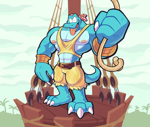 anthro belt big_hands blue_body boat bottomwear braces_(clothing) claws clothed clothing kerchief looking_at_viewer male muscular naughty_face nipples pecs revealing_shirt revealing_tank_top rope scales shirt shorts skimpy solo tan_rope tank_top tongue tongue_out topwear vehicle watercraft motfal donkey_kong_(series) donkey_kong_country_2 nintendo kruncha alligator alligatorid crocodile crocodilian kremling reptile scalie absurd_res hi_res
