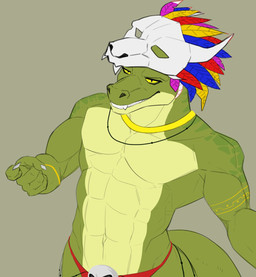 abs anthro bone bone_mask feathers gold_(metal) gold_jewelry green_body jewelry male mask muscular muscular_anthro muscular_male pecs scales skull skull_accessory skull_mask solo yellow_eyes foxtailsgua terraria witch_doctor_(terraria) lihzahrd lizardman scalie hi_res