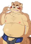 anthro belly blush brown_body brown_fur bulge clothing fur genitals humanoid_hands kemono male moobs navel nipples overweight overweight_anthro overweight_male penis simple_background solo underwear white_background ryuta-h canid canine mammal raccoon_dog tanuki 2018