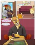 anthro blue_eyes canid canine canis clothed clothing comic dialogue domestic_dog ear_piercing english_text felid gauged_ear hi_res male mammal mr_baton pantherine piercing purple_eyes text tiger