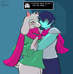 anthro armor blush clothing dialogue duo fur hug male male/male nervous nervous_smile robe scarf smile text white_body white_fur dttart deltarune undertale_(series) kris_dreemurr ralsei bovid caprine darkner goat human humanoid mammal english_text hi_res