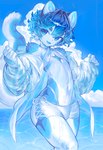 anthro bikini blue_body blue_eyes blue_fur blue_hair blue_tongue bottomwear bulge clothing cloud femboy fur hair jacket male multicolored_body multicolored_fur navel outside shorts sky smile solo swimwear tail tongue topwear two-piece_swimsuit two_tone_body two_tone_fur water wet white_body white_fur magic_dream00 domestic_cat felid feline felis mammal absurd_res hi_res