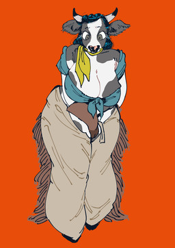 anthro big_breasts biped black_body black_fur black_hair breasts chaps cleavage clothed clothing female fur gloves hair handwear hooves horn kerchief looking_down scarf simple_background solo standing white_body white_fur sori0414 bovid bovine cattle mammal 2025 digital_drawing_(artwork) digital_media_(artwork)