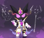 abstract_background ambiguous_gender anthro black_body black_fur bottomwear clothed clothing fur gloves handwear head_ornament jacket looking_at_viewer pants pose purple_eyes solo star_guardian topwear white_bottomwear white_clothing white_jacket white_pants white_topwear smite_(artist) league_of_legends riot_games tencent veigar yordle full-length_portrait hi_res portrait male_(lore)