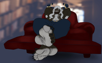 2_horns 5_toes anthro armchair barefoot belt biceps black_body black_claws black_fur black_horn blue_bottomwear blue_clothing blue_pants blurred_background bottomwear chair claws clothed clothing curved_horn dreadlocks feet fur furniture hair hands_behind_head horn horn_jewelry horn_ring humanoid_feet jewelry long_hair male pants plantigrade ring_(jewelry) shadow solo toe_claws toes topless topless_anthro topless_male white_hair white_soles wrinkled_feet wrinkles skaldaxe_(artist) bovid bovine cattle mammal hi_res