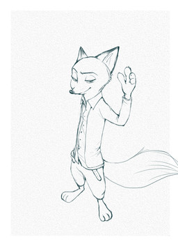 3_toes 4_fingers anthro barefoot belt border bottomwear closed_smile clothing collared_shirt dipstick_ears dress_shirt ear_markings feet fingers fluffy fluffy_tail fur long_tail looking_at_viewer male mouth_closed multicolored_ears narrowed_eyes pants pupils shirt smile snout solo standing tail thin_eyebrows toes topwear white_border sou disney zootopia nick_wilde canid canine fox mammal monochrome