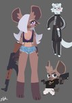 3_toes anthro assault_rifle biped bottomwear breasts brown_body brown_fur brown_tail clothed clothed_anthro clothed_female clothed_male clothing countershade_fur countershade_torso countershading feet female fingers front_view fully_clothed fully_clothed_anthro fully_clothed_female fully_clothed_male fur grey_body grey_fur group gun hair holding_gun holding_object holding_ranged_weapon holding_weapon looking_at_viewer male markings purple_eyes ranged_weapon rifle simple_background smile spots spotted_body spotted_fur standing tail toes topwear trio weapon white_hair el-k homie_(el-k) jk_(el-k) hyena mammal 2025 absurd_res digital_media_(artwork) hi_res