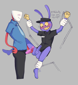 anthro blush bodily_fluids clothed clothing female genitals imminent_sex male male/female no_underwear penis strapon sweat dany_trash_(artist) gumdogtrash glitch_productions the_amazing_digital_circus gangle_(tadc) jax_(tadc) hi_res