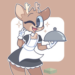 anthro antlers black_nose brown_background brown_body brown_fur chest_tuft clothed clothing countershading crossdressing eyebrows femboy fur fur_markings gesture gloves grey_eyes hand_gesture handwear happy holding_object holding_tray horn logo maid_apron maid_collar maid_uniform male markings multicolored_body multicolored_fur one_eye_closed open_mouth raised_eyebrow raised_eyebrows simple_background solo sparkles standing tan_body tan_fur text tuft two_tone_body two_tone_fur uniform v_sign white_background white_clothing white_gloves white_handwear aiyhav_nouneim oakley_(aiyhav_nouneim) deer mammal 1:1 2022 artist_logo artist_name