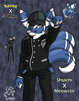 anthro black_clothing clothing fur gesture hand_gesture hat headgear headwear male multi_tail multicolored_body multicolored_fur neck_tuft open_mouth pinstripes pointing pointing_at_viewer serious_face solo tail text tuft go-two danganronpa danganronpa_v3 nintendo pokemon spike_chunsoft shuichi_saihara felid generation_6_pokemon mammal meowstic meowstic_(male) pokemon_(species) absurd_res english_text hi_res reference_image