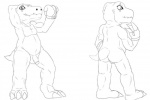 anthro backsack balls biceps biped flaccid flexing foreskin front_view genitals humanoid_genitalia humanoid_penis leather leather_strap male multiple_poses musclegut muscular muscular_anthro muscular_male nude partially_retracted_foreskin pecs penis pose scales scar slightly_chubby solo standing straps heibanhikaru bandai_namco digimon fan_character rex_the_agumon agumon digimon_(species) dinosaur prehistoric_species reptile scalie theropod 3:2 line_art model_sheet monochrome