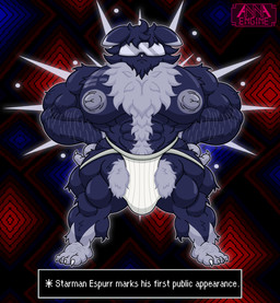 abs abstract_background anthro arm_hair arm_tuft balls barazoku barefoot biceps big_balls big_bulge big_muscles big_pecs blue_body blue_fur body_hair bulge butt_hair cheek_tuft chest_hair chest_tattoo chest_tuft claws clothed clothing ear_markings eyewear facial_tuft feet fluffy fluffy_balls fluffy_chest front_view fur fur_markings fusion genitals glasses glowing glowing_body grey_nipples hair hands_on_hips happy_trail head_tuft huge_muscles huge_pecs humanoid_genitalia ineffective_clothing jockstrap jockstrap_only leg_tuft male markings multicolored_body multicolored_fur muscular muscular_anthro muscular_arms muscular_legs muscular_male muscular_thighs nipples nude pecs penis pose psychic psychic_energy psychic_powers pubes serious shoulder_tuft solo spread_legs spreading standing sunglasses tattoo text text_box tight_clothing toe_claws topless tuft two_tone_body two_tone_fur underwear underwear_only visor white_body white_body_hair white_fur white_hair white_pubes annaengine earthbound_(series) nintendo pokemon fan_character espurr felid feline generation_6_pokemon mammal pokemon_(species) starman absurd_res crossover digital_drawing_(artwork) digital_media_(artwork) english_text hi_res