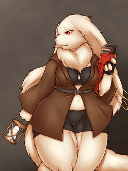 anthro black_nose bottomwear bra breasts brown_background cheek_tuft claws clothed clothing coat curvy_figure ear_piercing ear_ring facial_tuft female fingerless_gloves floppy_ears fluffy fluffy_ears fluffy_tail front_view fully_clothed fur gloves handwear holding_object hourglass_figure jewelry kemono lamp lantern long_ears long_tail lop_ears medium_breasts midriff monotone_body monotone_fur navel neck_tuft necklace piercing red_eyes ring_piercing shorts shortstack simple_background snout solo spandex spandex_shorts sports_bra standing tail tan_body tan_fur tight_bottomwear tight_clothing tight_shorts tools topwear tuft underwear wide_hips wrench 340m/sec lagomorph leporid mammal rabbit 3:4 hi_res