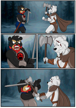 anthro armor axe battle black_body black_fur black_hair black_nose border clothing costume duo facial_hair fight fur hair male male/male melee_weapon muscular muscular_anthro muscular_male mustache outside scar sword teeth weapon white_body white_border white_fur white_hair ciel-wolf animal_humanoid bear black_bear humanoid mammal mammal_humanoid polar_bear ursid_humanoid ursine comic