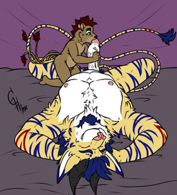 adult_on_child adult_on_young age_difference anthro big_penis blue_hair bodily_fluids bread brown_body duo eagle_spread_blowjob eyebrows eyes_closed fellatio food fur genitals hair head_in_crotch horn humanoid_genitalia humanoid_penis long_tail looking_pleasured lying male male/male markings multi_tail multicolored_body multicolored_fur muscular nude on_back oral pecs penile penis penis_tip raised_eyebrows red_hair sex shota small_penis spread_legs spreading striped_body stripes sucked_silly sucking tail vein veiny_penis yellow_eyes young hunterramirez hunter_ramirez bovid bovine cattle chimera mammal