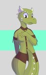 anthro blush bottomwear clothed clothing covering covering_self covering_self_with_tail embarrassed green_body green_scales hand_on_chest head_spikes ineffective_clothing male scales shorts skimpy solo spiked_tail spikes spikes_(anatomy) tail kitsunekotaro charrak_(golddrake) kobold scalie hi_res