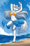 anthro barefoot beach bikini blush blush_lines breasts cheek_tuft chest_tuft claws clothed clothed_anthro clothed_female clothing dancing digitigrade eyes_closed facial_tuft feet female fluffy fluffy_tail fur hair hair_over_eye hand_behind_head long_hair midriff navel on_one_leg one_leg_up outside paws raised_leg sarong skimpy smile solo splash splashing_water standing swimwear tail text toe_claws translucent translucent_clothing tuft two-piece_swimsuit water white_body white_fur conditional_dnp tom_fischbach twokinds raine_silverlock canid canine canis keidran mammal wolf 2024 absurd_res adobe_photoshop_(artwork) alternate_version_at_source digital_media_(artwork) hi_res url