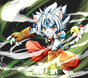anthro blue_hair blue_stripes blue_tail bottomwear clothing fingerless_gloves fur fur_markings gloves hair handwear looking_at_viewer male markings orange_eyes red_clothing shorts solo striped_body striped_fur striped_markings striped_tail stripes tail tail_markings teeth white_hair white_tail wind natadeko_kitsune onmyou_taisenki kogenta_(onmyou_taisenki) felid mammal pantherine tiger 2018 absurd_res hi_res