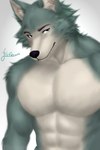 abs anthro barazoku biceps big_muscles big_pecs cheek_tuft facial_tuft fluffy fur grey_body grey_fur male multicolored_body muscular muscular_anthro muscular_male pecs simple_background smile solo tuft two_tone_body white_body white_fur feelieowo beastars legoshi_(beastars) canid canine canis mammal wolf 2:3 digital_media_(artwork) hi_res