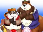 anthro asian_clothing balls belly blush clothed clothing duo east_asian_clothing fundoshi hat headgear headwear japanese_clothing male one_eye_closed overweight overweight_male underwear wardrobe_malfunction wink norataro canid canine mammal raccoon_dog tanuki 2008 4:3