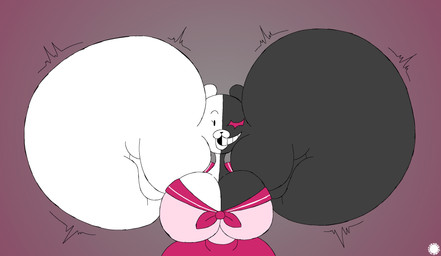 anthro asian_clothing big_breasts black_body black_fur breasts cheek_expansion clothing curvy_figure east_asian_clothing emanata eyelashes face_squish facial_markings female flash_emanata fur grin head_markings hyper_cheeks japanese_clothing japanese_school_uniform logo markings muzzle_(marking) school_uniform serafuku smile solo spherical_breasts squish text uniform white_body white_fur wide_hips thatdawgmurray danganronpa spike_chunsoft monokuma bear mammal aliasing artist_logo artist_name digital_media_(artwork) hi_res signature