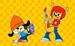 clothed clothing footwear guitar hair happy hat headgear headwear musical_instrument open_mouth playing_guitar playing_music plucked_string_instrument shirt shoes short_hair smile string_instrument topwear spongethesquid les_paul parappa_the_rapper sony_corporation sony_interactive_entertainment um_jammer_lammy lammy_lamb parappa digital_media_(artwork) hi_res