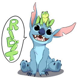 4_fingers 4_toes back_markings black_eyes blue_body blue_claws blue_fur blue_nose blue_pawpads carrying_another chest_tuft claws duo feet feral fingers fur green_body head_tuft markings notched_ear on_head open_mouth open_smile pawpads simple_background sitting small_tail smile speech_bubble tail text toes tuft white_background g-cho disney lilo_and_stitch stitch_(lilo_and_stitch) alien amphibian experiment_(lilo_and_stitch) frog 2015 digital_media_(artwork)