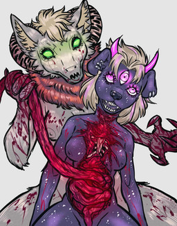 3_eyes anthro blood bodily_fluids disembowelment duo female female/female gore gore_focus green_eyes guts horn intestines multi_eye organs percings purple_eyes rib_cage elly_(its3ize) lynette_(latestyummy) canid canine mammal wickerbeast hi_res trans_(lore)