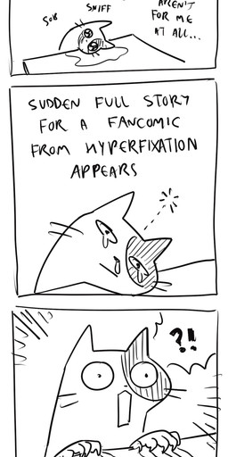 3_panel_comic ambiguous_gender anthro black_eyes black_text bodily_fluids crying dialogue dot_pupils exclamation_point furniture mouth_closed nails open_mouth question_mark solo sound_effects table talking_to_self tears text whiskers white_sclera flavia-elric domestic_cat felid feline felis mammal 2023 absurd_res comic digital_media_(artwork) english_text hi_res meme monochrome