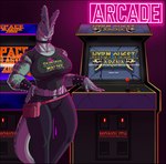 abs anthro arcade arcade_machine big_breasts biped black_bottomwear black_clothing black_pants black_shirt black_topwear bottomwear bracelet breasts choker clothed clothing crop_top detailed_background fanny_pack female front_view furgonomics furry-specific_piercing hand_on_hip inside jewelry looking_at_viewer midriff muscular muscular_anthro muscular_female necklace non-mammal_breasts orange_eyes pants piercing sharp_teeth shirt sleeveless_shirt solo spiked_bracelet spiked_choker spikes standing teeth topwear lordstevie dylian_hailford dilophosaurid dilophosaurus dinosaur prehistoric_species reptile scalie theropod 2021 portrait three-quarter_portrait