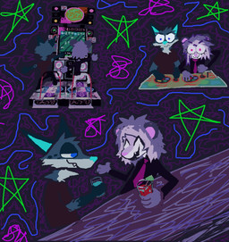 abstract_background alcohol anthro arcade arcade_machine bar beverage black_clothing black_shirt black_t-shirt black_topwear blue_body blue_fur blue_hair clothing cocktail duo fur hair male open_mouth open_smile playing_game purple_body purple_fur purple_hair scene_haircut shirt smile t-shirt topwear demensa bemani dance_dance_revolution konami canid canine canis coyote domestic_dog mammal 2025 hi_res
