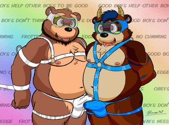 accessory animal_genitalia animal_penis anthro balls bdsm bodily_fluids bondage bound brainwashing captured claws clothed clothing cock_ring cum cum_in_clothing cum_in_underwear duo erection feet foreskin fur genital_fluids genitals good_boy harness himbofication horn hypnosis hypnotic_clothing hypnotic_visor intelligence_loss jewelry jockstrap leather male male/male mind_control mostly_nude nipples open_mouth overweight overweight_male overweight_sub penis penis_accessory penis_jewelry precum rubbing saliva simple_background slave slightly_chubby smile spiral spiral_eyes straps submissive submissive_male teeth text thong toe_claws toes tongue topless trance underwear visor wet wet_clothing wet_underwear arthurpup arthurpup_(character) rekiz bear hybrid mammal ursine digital_media_(artwork) english_text
