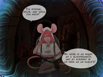 anthro clothed clothing dialogue dungeon female hair looking_at_viewer mouse_ears mouse_tail simple_background solo speech_bubble tail teeth tentacles text topwear yourumi european_mythology greek_mythology mythology tilly_(yourumi) aquatic bovid bovine cephalopod coleoid mammal minotaur mollusk mouse murid murine octopodiform octopus rodent 4:3 comic digital_media_(artwork) english_text