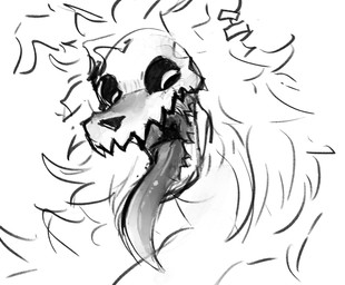 anthro ear_piercing eyes_closed fluffy fluffy_hair hair long_tongue male open_mouth piercing sharp_teeth solo teeth tongue wide_mouth fishtacosad skulldog_(species) 2026 bust_portrait digital_drawing_(artwork) digital_media_(artwork) monochrome portrait sketch